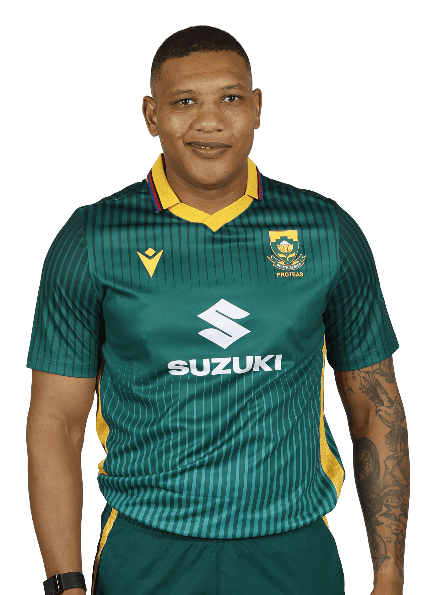 Athlete wearing a green Proteas cricket jersey with yellow accents and Suzuki logo on the chest
