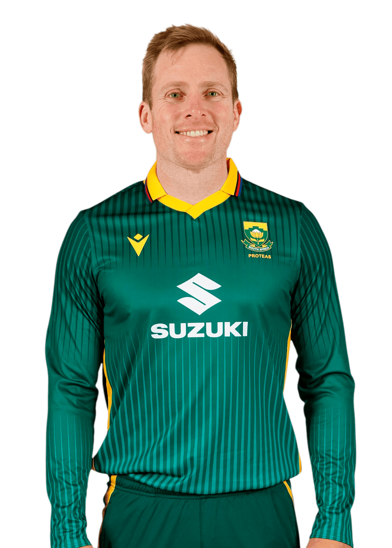 Man in green Proteas jersey with yellow collar, smiling at the camera.