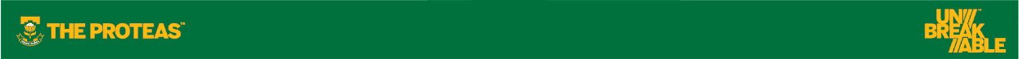 Green banner with the Proteas crest and 'THE PROTEAS' in yellow on the left, and 'UNBREAKABLE' in yellow on the right.