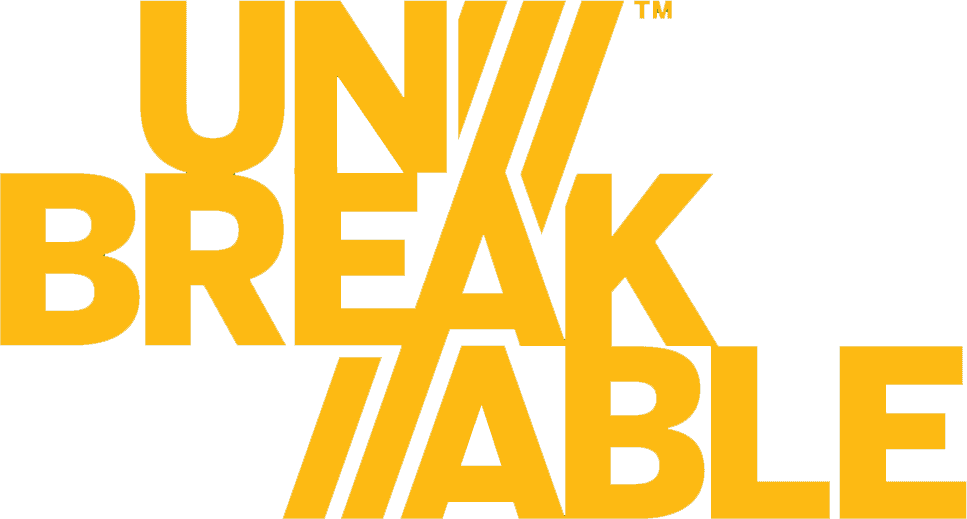 Logo with bold yellow 'UNBREAKABLE' lettering on a green background, overlapping design.