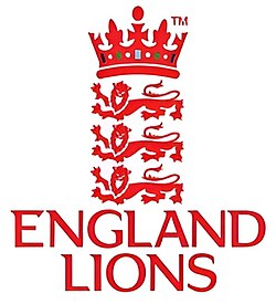 England Lions logo: red crown atop three rampant lions with the words ENGLAND LIONS beneath.