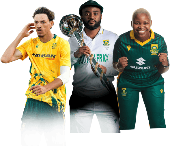 Three South Africa rugby players pose together, with the center player holding a large trophy, wearing yellow, white, and green team jerseys.