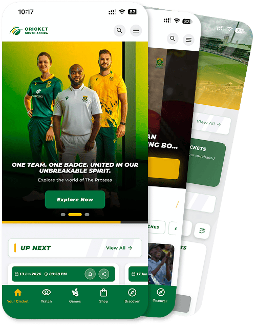 Cricket South Africa mobile app home screen with three overlapping panels, showing players in green and yellow and an 'Explore Now' button.